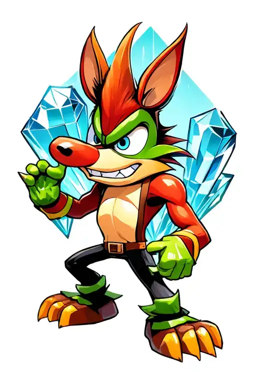 Tattoo that has Crash Bandicoot, Ankh, The Perfect Remal, Crystal and Aku Aku tattoo design idea