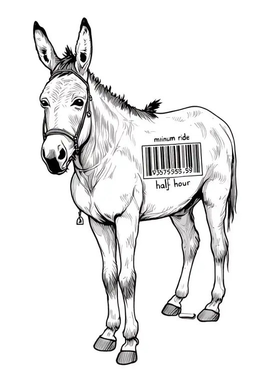 donkey from behind with "minimum ride is half hour" written and barcode  tattoo design idea