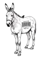 donkey from behind with "minimum ride is half hour" written and barcode  tattoo design idea