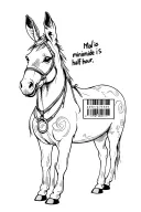 donkey from behind with "minimum ride is half hour" written and barcode  tattoo design idea