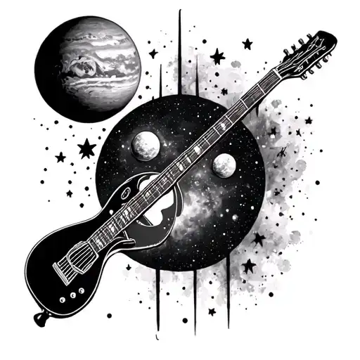 guitar with marigold air rifle planets stars campervan  tattoo design idea