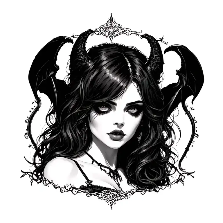 Gothic, Succubus, Big Boobs, G-String, Ripped Bra, G-String, Portrait tattoo design idea