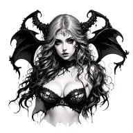 Gothic, Succubus, Big Boobs, G-String, Ripped Bra, G-String, Portrait tattoo design idea