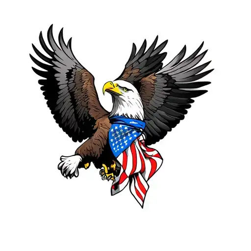 Flying Bald Eagle wearing an American Flag bandana and clutching a black case. tattoo design idea