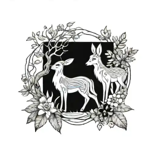 An elegant composition of various woodland animals - fox, deer, rabbit - intertwined with nature elements in black and white tattoo design idea