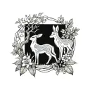 An elegant composition of various woodland animals - fox, deer, rabbit - intertwined with nature elements in black and white tattoo design idea