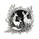 An elegant composition of various woodland animals - fox, deer, rabbit - intertwined with nature elements in black and white tattoo design idea