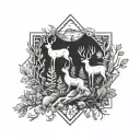 An elegant composition of various woodland animals - fox, deer, rabbit - intertwined with nature elements in black and white tattoo design idea