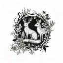 An elegant composition of various woodland animals - fox, deer, rabbit - intertwined with nature elements in black and white tattoo design idea