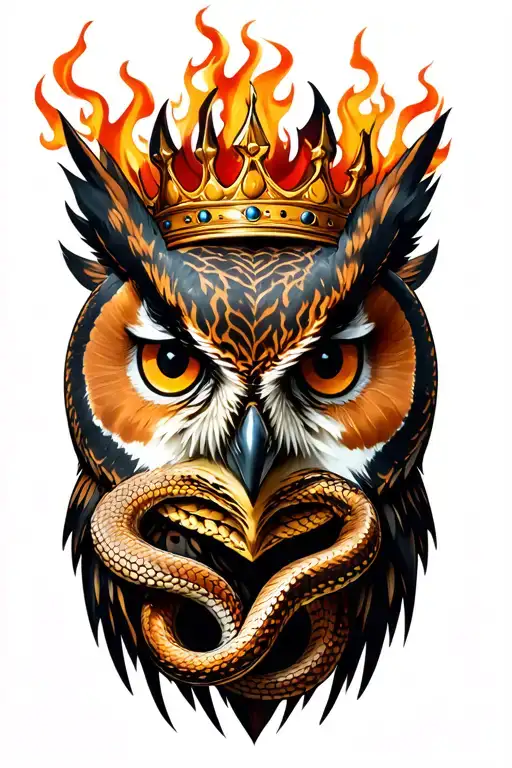 owl face with crown, snakes and flames tattoo design idea