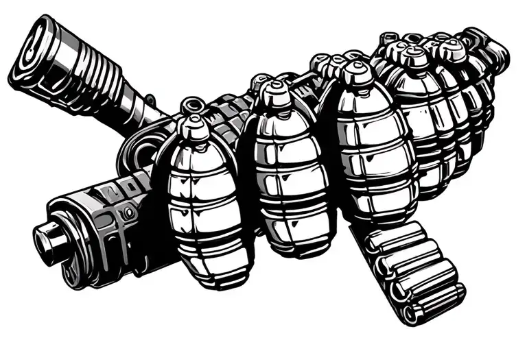 Tattoo design, black ink line-art. Ammunition belt with exactly 7 grenades for MK19, bold outlines, blackwork style, no  tattoo design idea