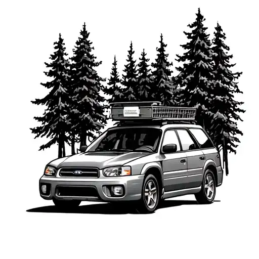 2002 Subaru outback with cargo basket on top surrounded by trees tattoo design idea