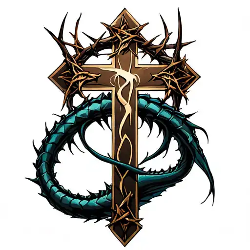 Leviathan cross with crown of thorns near the top tattoo design idea