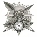 Arrow cross between (Mountains, clock and compass) below in arrow down part there is a rose lapping over it. tattoo design idea