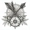 Arrow cross between (Mountains, clock and compass) below in arrow down part there is a rose lapping over it. tattoo design idea
