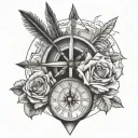 Arrow cross between (Mountains, clock and compass) below in arrow down part there is a rose lapping over it. tattoo design idea