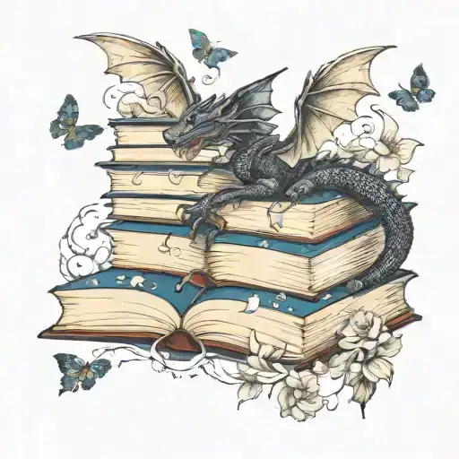 black dragon on stack of open books, wind and stars shooting upward, butterflies, flowers and leafy vines curling down tattoo design idea