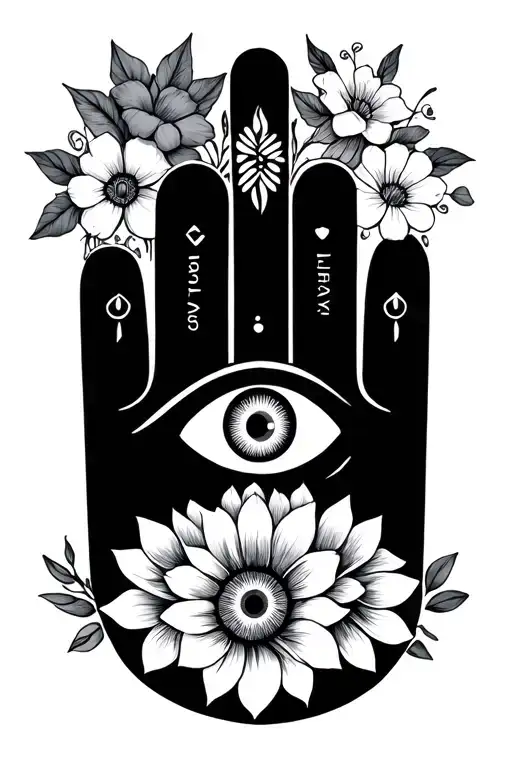hamsa hand with evil eye and january, march, may, june, july, october birth flowers surrounding it tattoo design idea