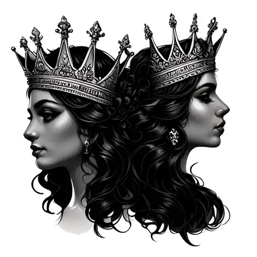 Gemini two women face wearing two different crowns tattoo design idea