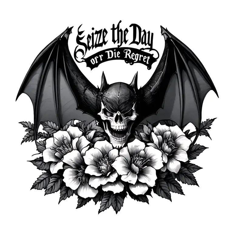 "Seize the Day or Die Regret" death bat with flowers intertwined tattoo design idea