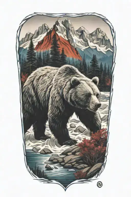 bear, white blue and red shades, forest, mountains, river tattoo design idea
