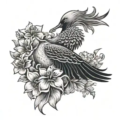duck in japanese crane style with flowers  and heavy black and grey contrast tattoo design idea