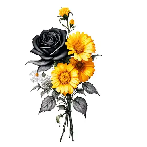 A bouquet made of a black rose, a buttercup flower, a foxglove flower and a yellow chrysanthemum  tattoo design idea