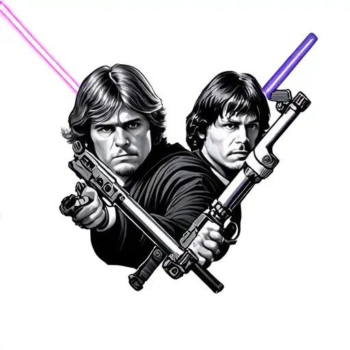 luke skywalker lightsaber amd han solos gun crossed tattoo design idea