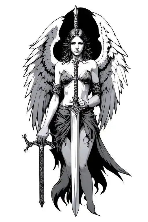 dark angel holding a sword tattoo design idea