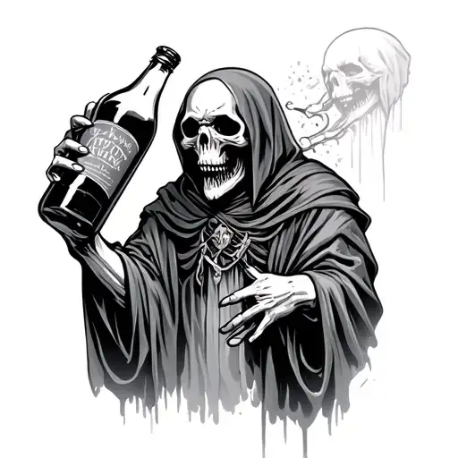 drunk grim reaper holding a bottle tattoo design idea