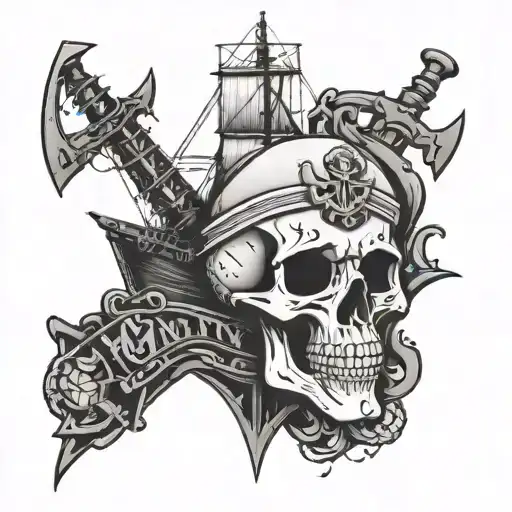 container ship with stacks of containers with a skull and anchor below and with text below that says "MUTINY" tattoo design idea