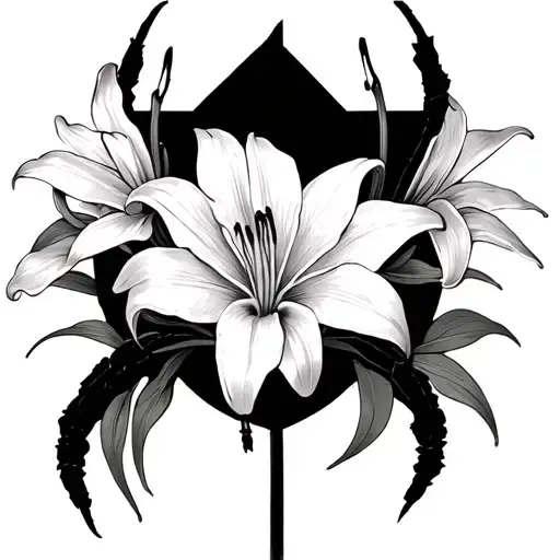 spider lily flowers and in the center with negative space a cross tattoo design idea