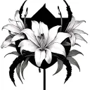 spider lily flowers and in the center with negative space a cross tattoo design idea