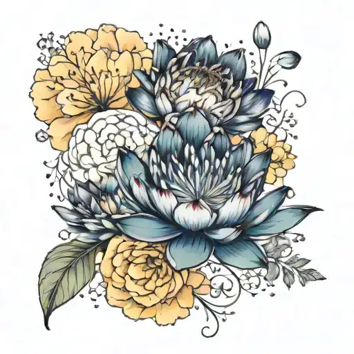 carnation, water lily, marigold, carnation, baby's breath tattoo design idea