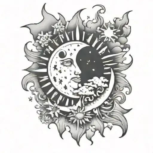 sun, moon, stars, and clouds surrounding tattoo design idea