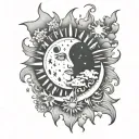 sun, moon, stars, and clouds surrounding tattoo design idea