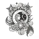 sun, moon, stars, and clouds surrounding tattoo design idea