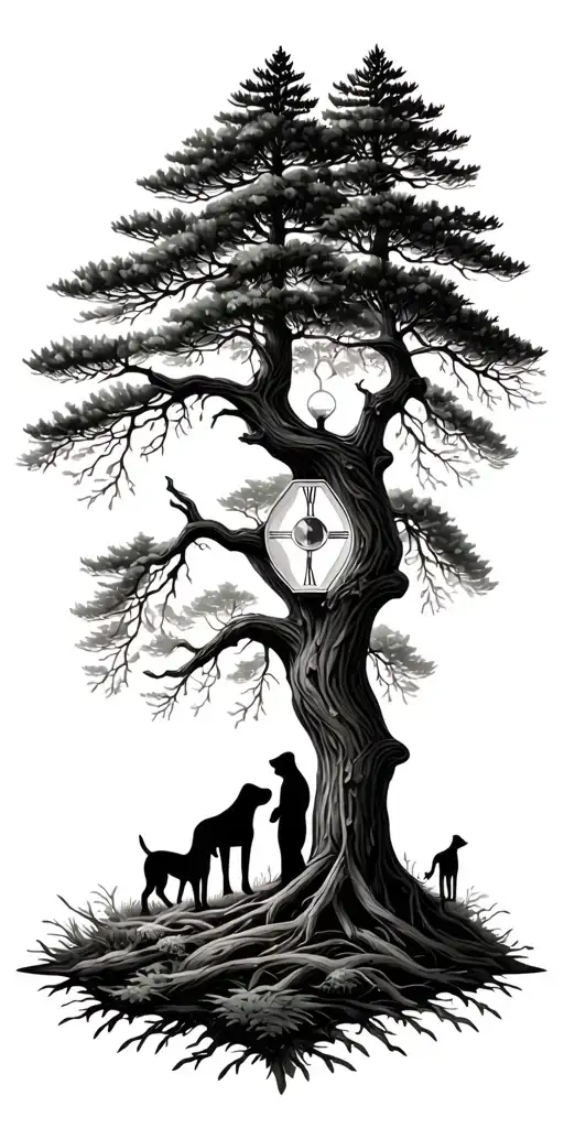 Pine forest wrap around and family tree and hour glass mam, dad and son and dogs tattoo design idea