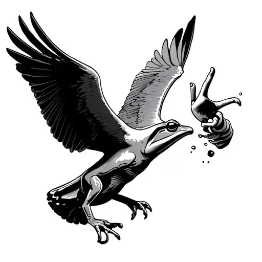 frog getting eaten by seagull swooping with middle finger tattoo design idea