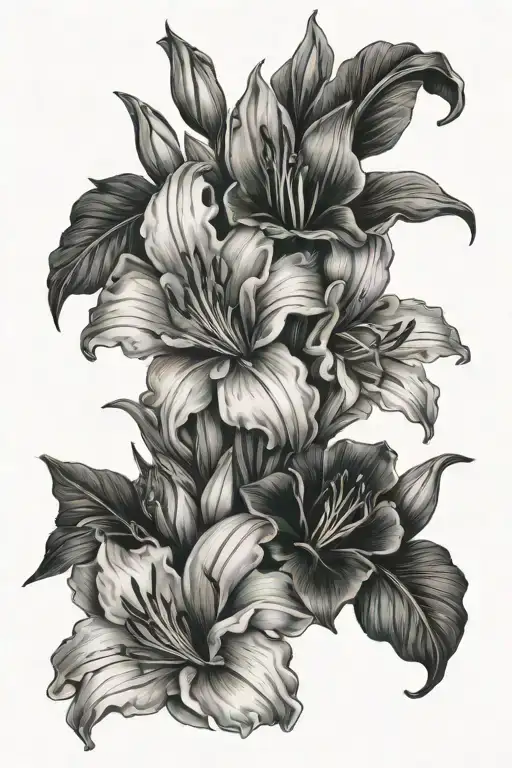 Floral bouquet fine line with Azalea, Gladiolus, and Thyme tattoo design idea