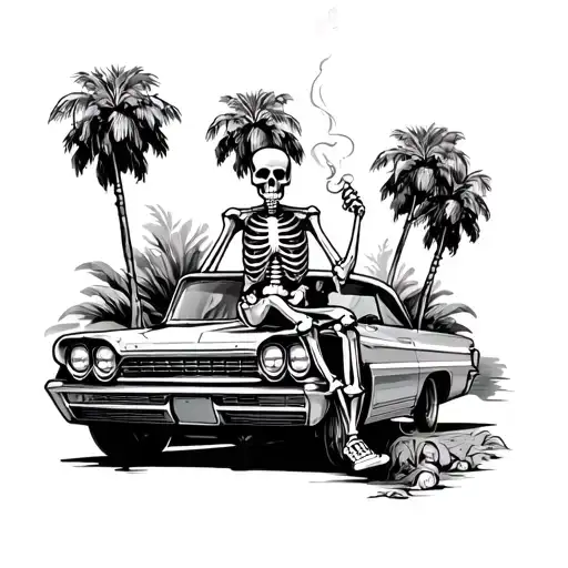 cuan skeleton smoking while sittin on hood of old lowrider impala and palm trees behind it tattoo design idea