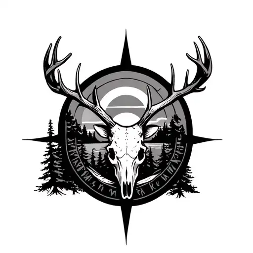 a detailed forest with a deer skull with a sunset depicted by a compass tattoo design idea