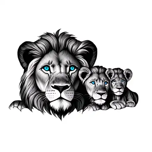 lion and 2 cubs face only blue eyes tattoo design idea