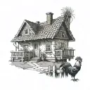 Russian village house with a small picket fence and a rooster on the roof tattoo design idea