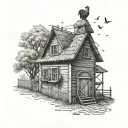 Russian village house with a small picket fence and a rooster on the roof tattoo design idea