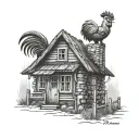 Russian village house with a small picket fence and a rooster on the roof tattoo design idea