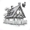 Russian village house with a small picket fence and a rooster on the roof tattoo design idea