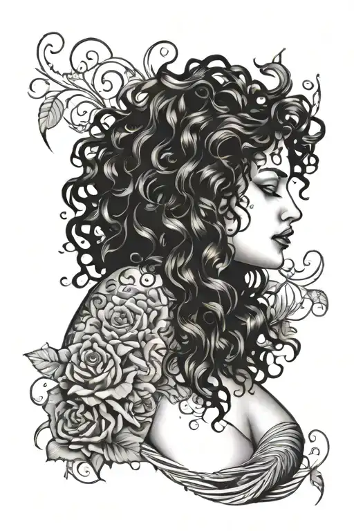 plus size woman with curly hair. body wrapped in rose vines and thorns wrapped tattoo design idea