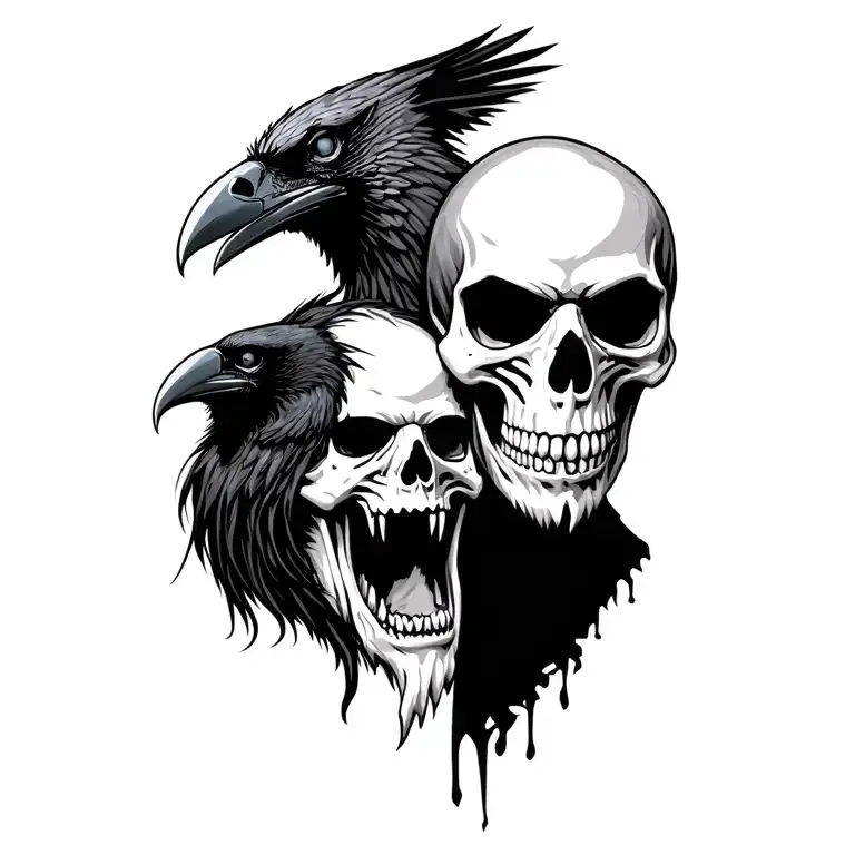 skull face looking like eddie from iron maiden with raven, both looking dangerous qnd threatening tattoo design idea