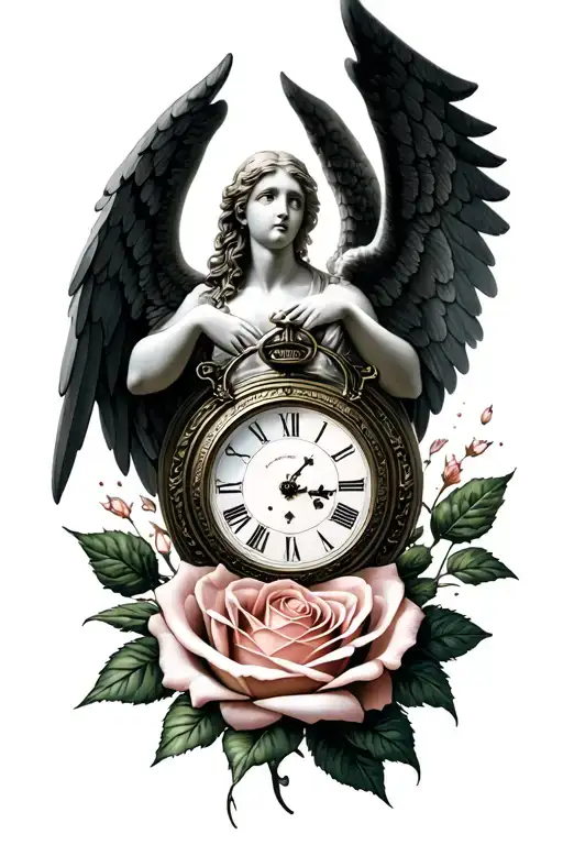 Angel And Clock inside a Rose tattoo design idea